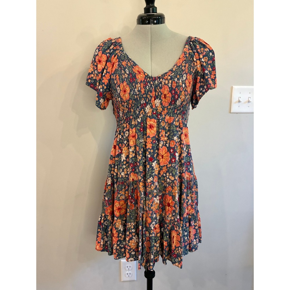ANGIE Boho Blue Floral Smocked Bust Tiered Mini Dress | Cap Sleeve | Medium M